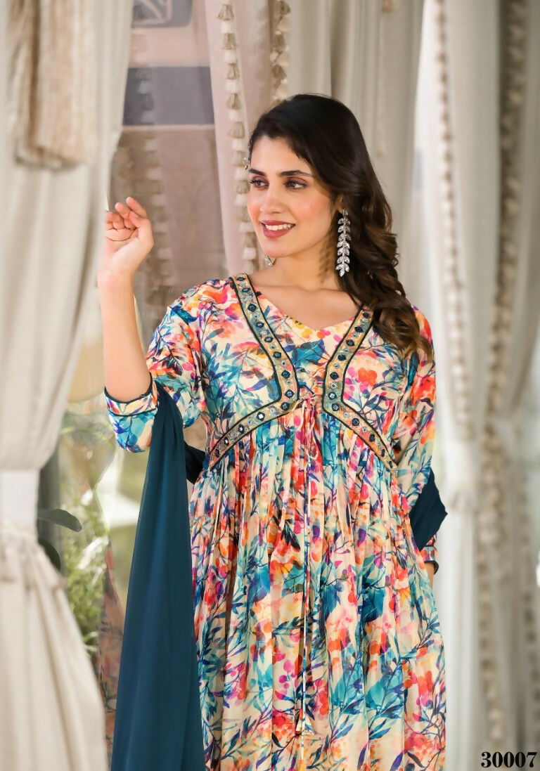 Designer Stylish Multi Slim Georgette Stitched Suit With Dupatta - Kiyara | Grocsy