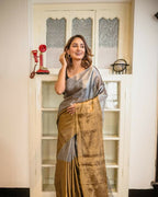 Exclusive Collection Beautiful Gray Copper Tissue Silk Hand Weaving Handloom Saree With Running Blouse Piece | Grocsy