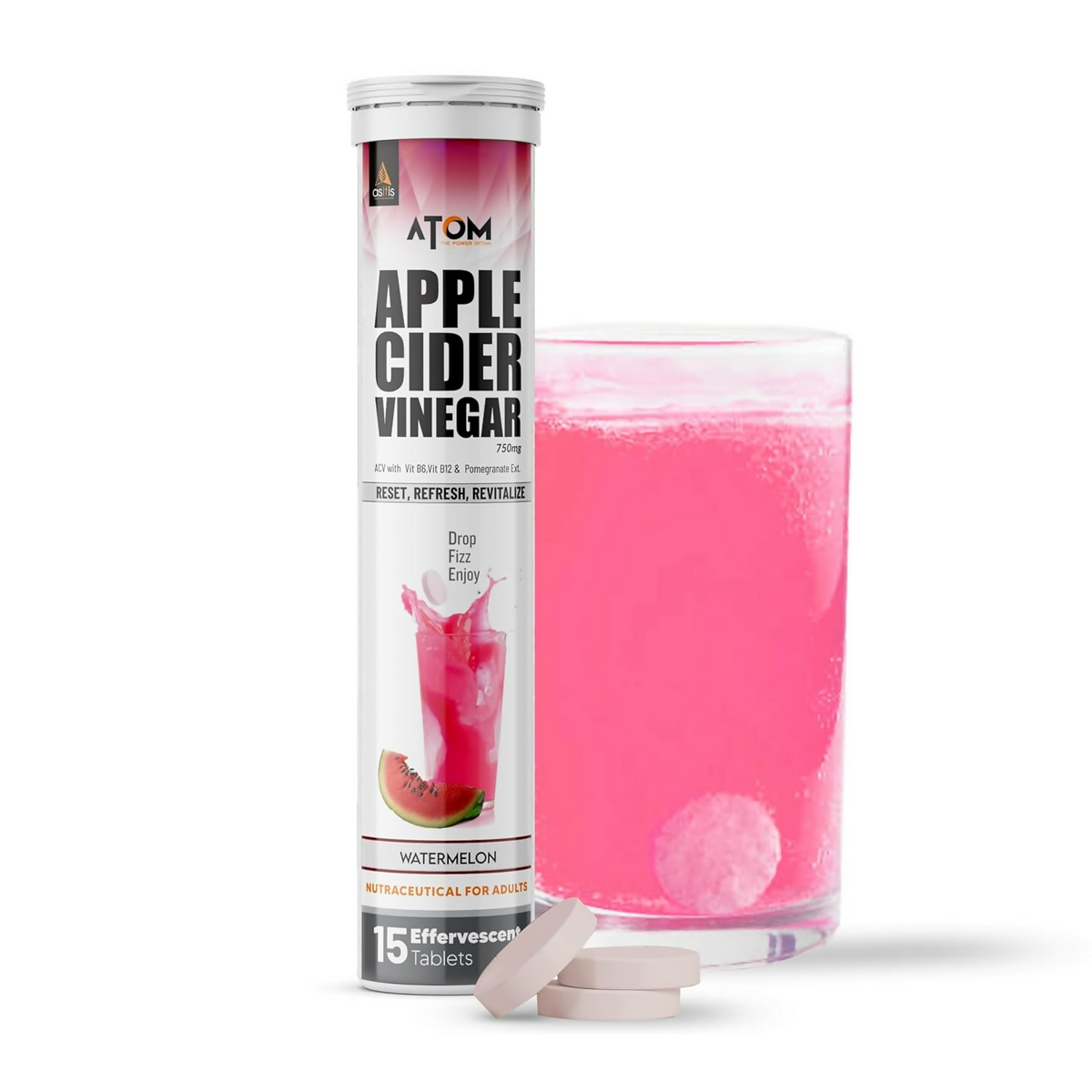As-It-Is Atom Apple Cider Vinegar Effervescent Tablets Water Melon Flavor For Weight Loss | Grocsy