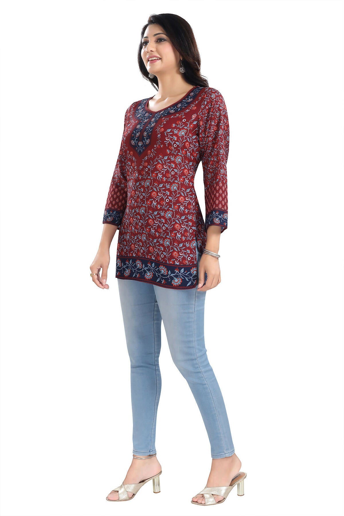 Snehal Creations Magical Maroon Summer Cool Printed Short Kurti Tunic Top | Grocsy