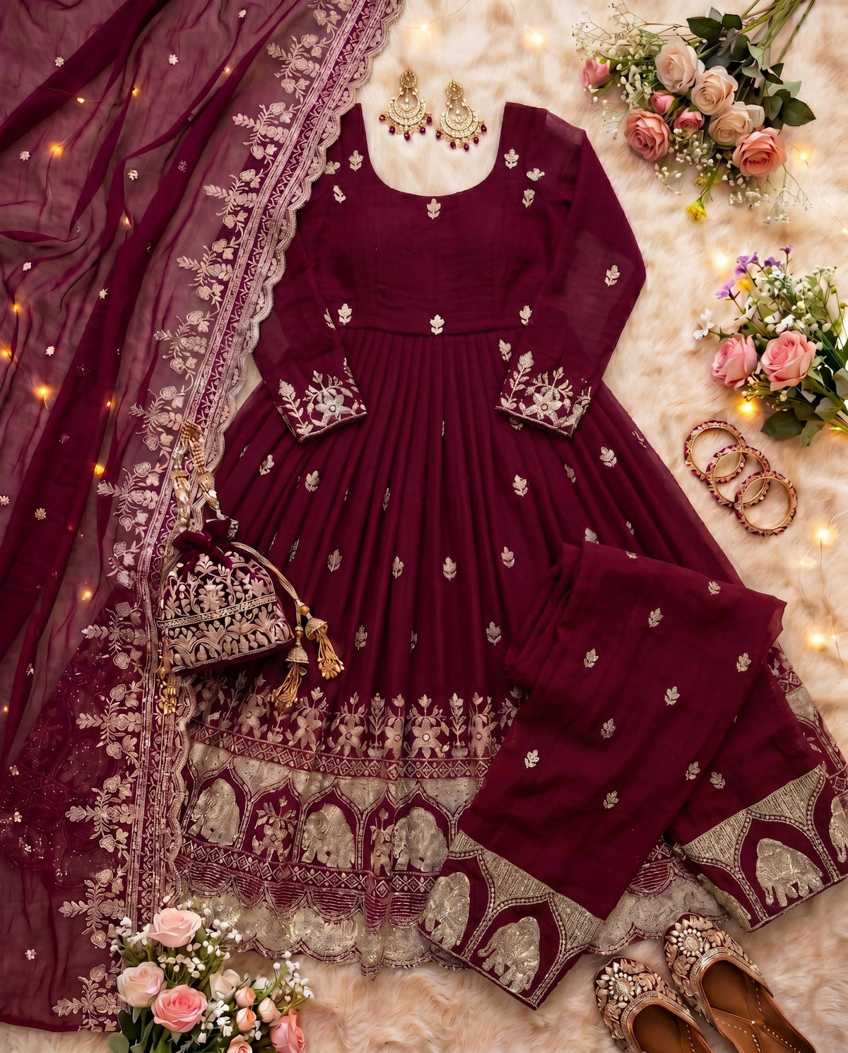 Teeya Creation New Trendy Stylish Wedding Wear Embroidered Anarkali Set - Maroon | Grocsy
