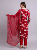 Joban Fashion Mahroon Cotton Floral Printed & Embroidery Work Kurta With Trousers & Dupatta Set | Grocsy