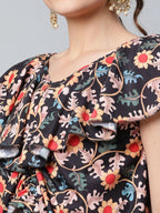 Ahalyaa Women Black Crepe Digital Print Top with Palazzo Set | Grocsy