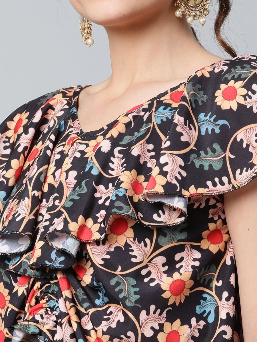 Ahalyaa Women Black Crepe Digital Print Top with Palazzo Set | Grocsy