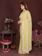 PR Fashion Yellow Georgette Embroidery Work With Embroidery Work Blouse Saree | Grocsy