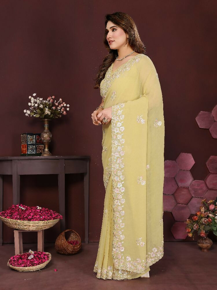 PR Fashion Yellow Georgette Embroidery Work With Embroidery Work Blouse Saree | Grocsy