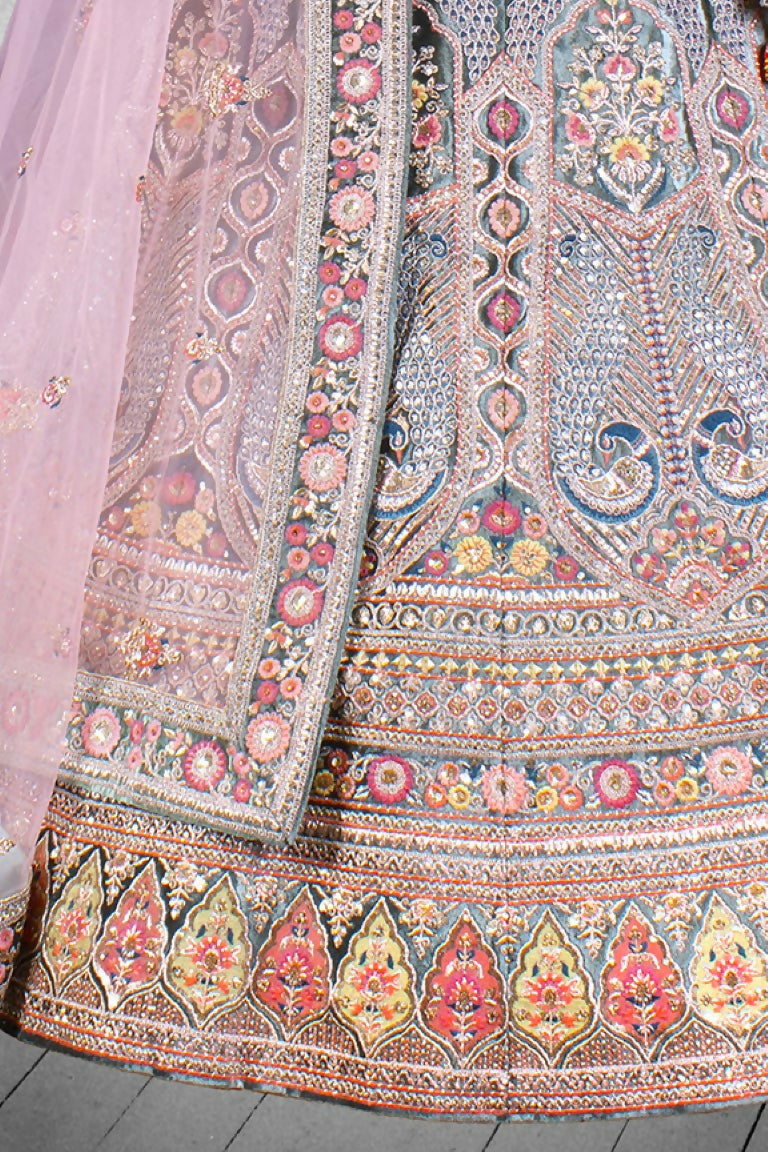 Blue & Pink Velvet Hand Work Semi Stitched Lehenga Choli with Dupatta - Nimaya Lagnotsav | Grocsy