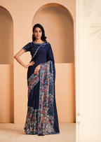 Navy Blue Satin Crepe Silk Embroidery with Digital Sequence Work Saree - Norita Helly | Grocsy