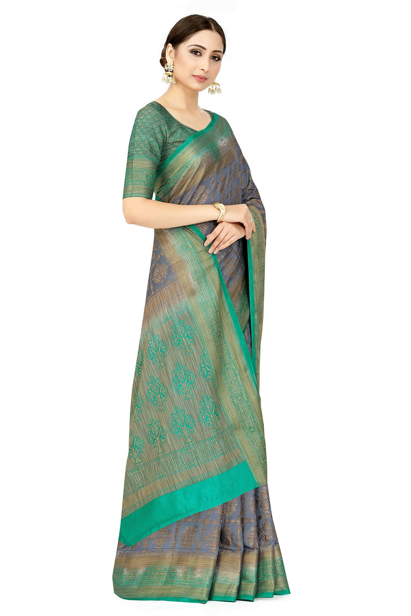 Mimosa Women's Charcoal Grey Patola Art Silk Saree | Grocsy