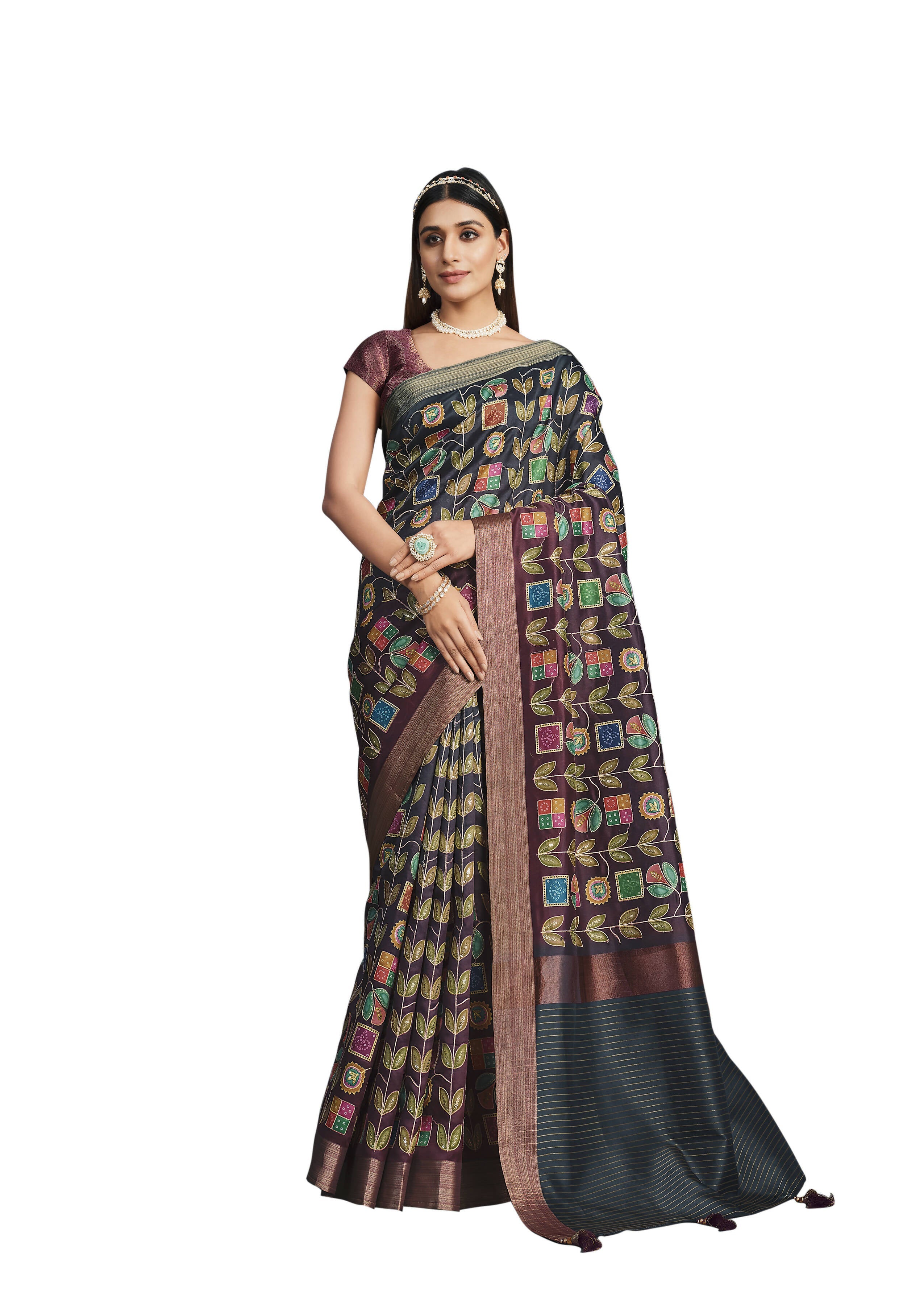 Black & Maroon Tusser Silk Floral Printed With Sequence Embroidered Saree With Unstitched Blouse - Mohmanthan Aahana | Grocsy