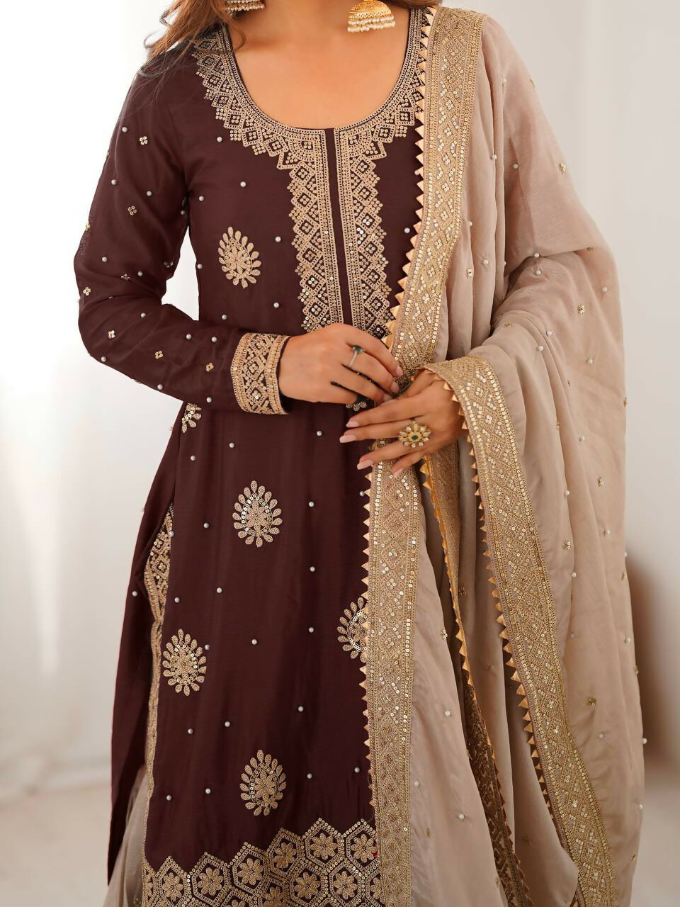 Lehenga Mart Designer Sharara Suit With Kurta, Sharara, Dupatta For Women-Brown | Grocsy