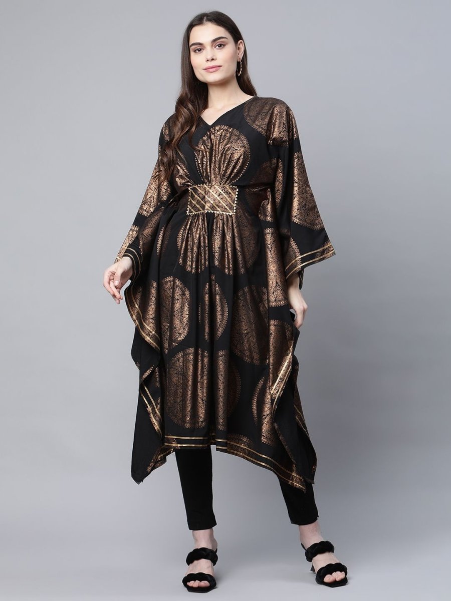 Ahalyaa Women Black Crepe Copper Foil Printed Flared Sleeve Kaftan Kurta | Grocsy
