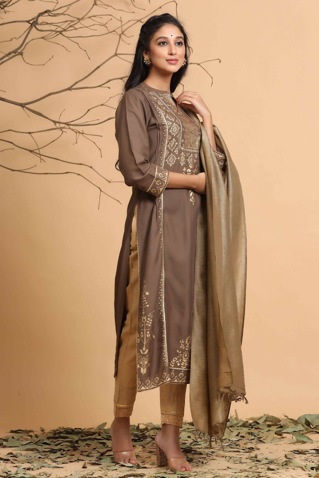 Juniper Women's Brown Rayon Printed Straight Kurta Set | Grocsy