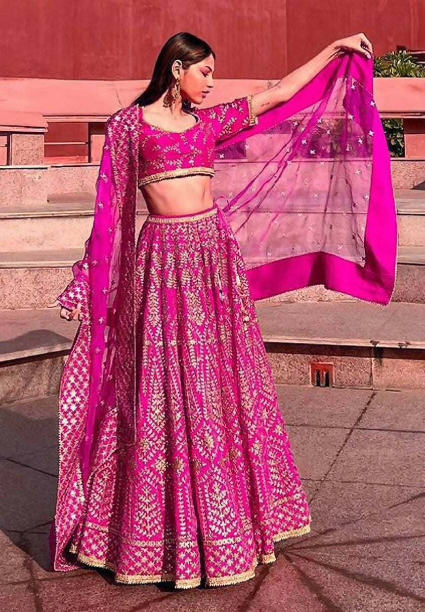Jyoti Fashion Glamorous Rani Pink Chapat Zari and Dori Embroidered Malai Satin Silk Lehenga Choli with Dupatta | Grocsy