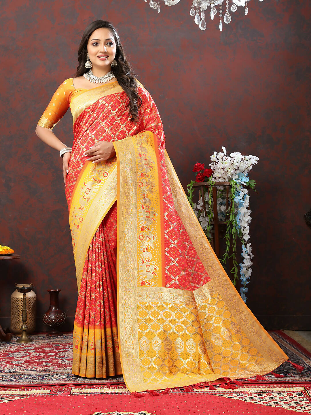 Lorenvalley Fashion Red & Yellow Patola Silk Woven Design Meenakari Weaving Saree | Grocsy