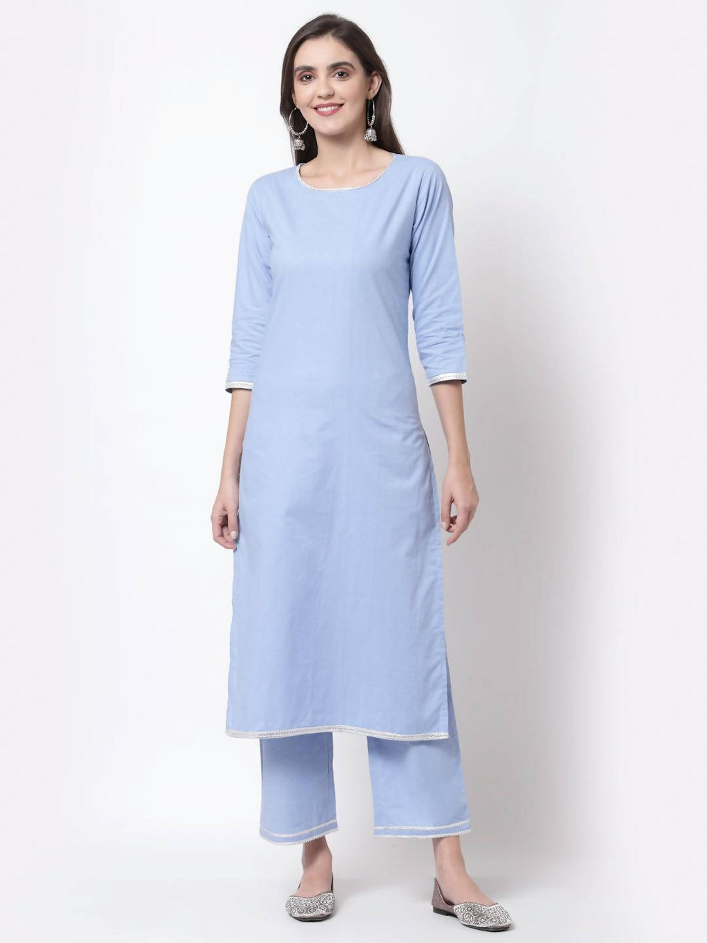 Myshka Blue Cotton 3/4 Sleeve Round Neck Solid Casual Kurta Pant Dupatta Set | Grocsy