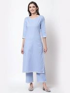 Myshka Blue Cotton 3/4 Sleeve Round Neck Solid Casual Kurta Pant Dupatta Set | Grocsy