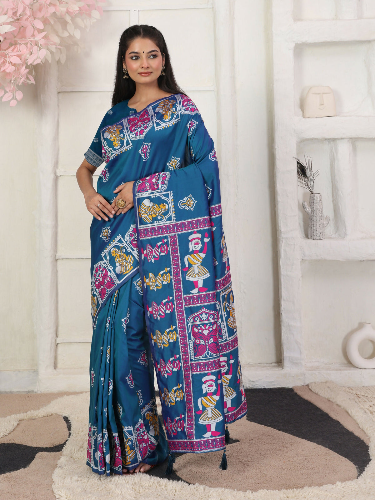 Shree Shyam Fashion Silk Blend Teal Blue Saree | Grocsy