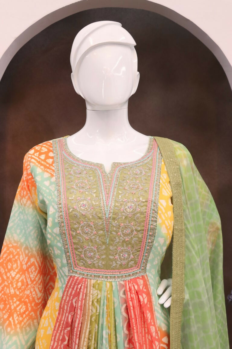 Vastranavya Turquoise Muslin Printed Sequins Beads Work Abaya Style Anarkali Suit | Grocsy