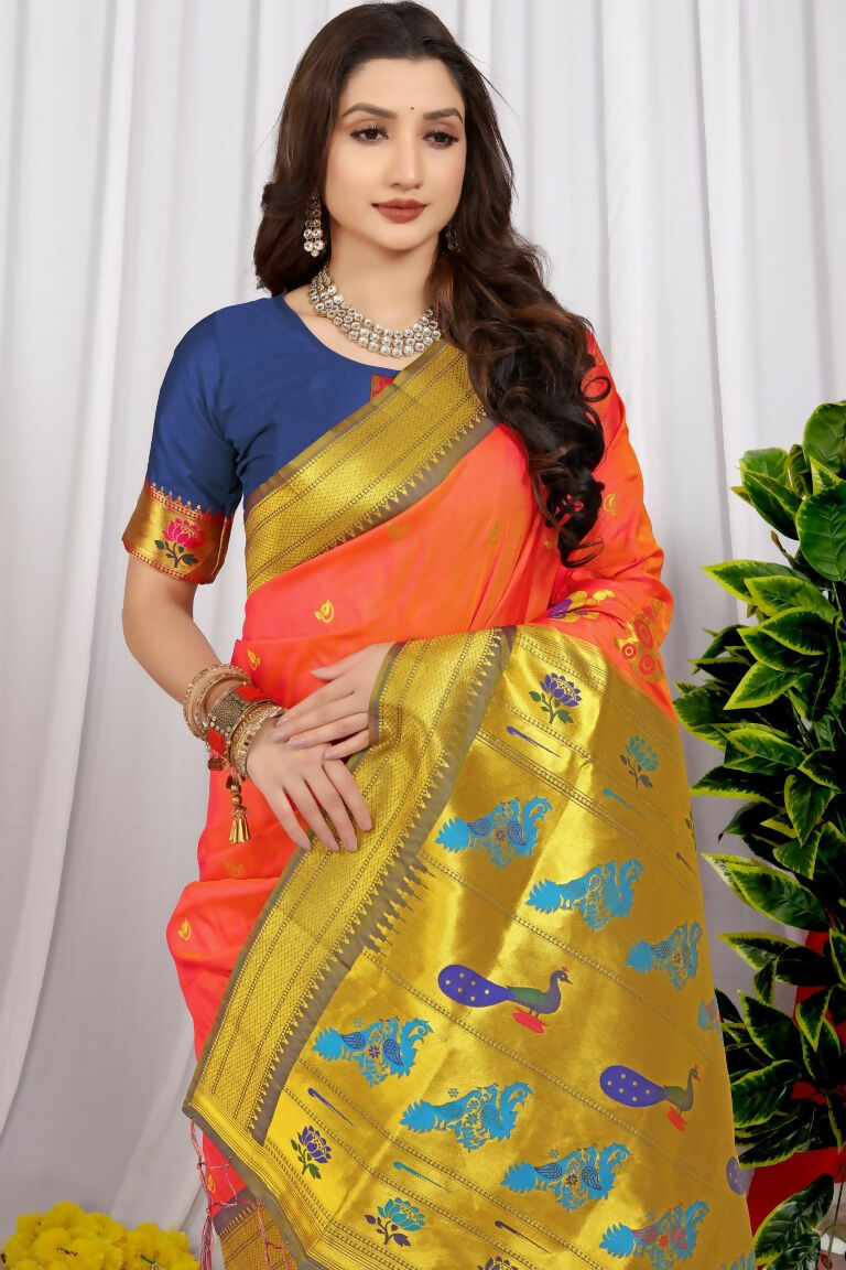 Jyoti Fashion Women's Orange Paithani Silk Zari Woven Saree with Blouse | Grocsy