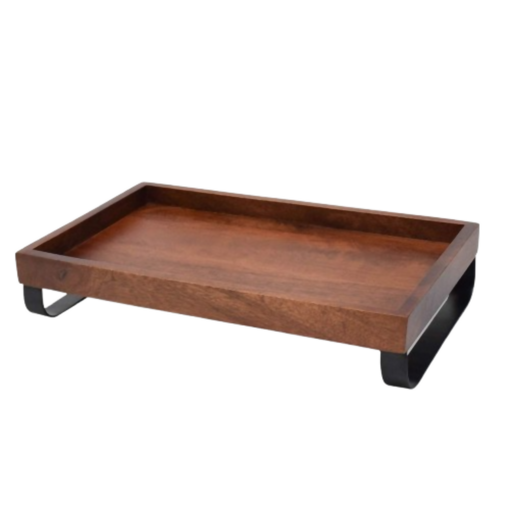 Brick Brown Premium Wooden Serving Tray/Platter with Black Metal Stand | Grocsy