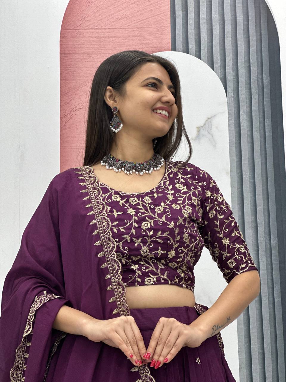Teeya Creation Wine Color Chinon Silk Embroidery Work Fully Stitched Lehenga Choli | Grocsy