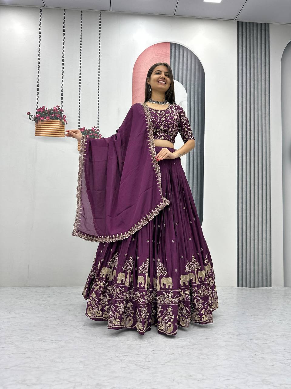 Teeya Creation Wine Color Chinon Silk Embroidery Work Fully Stitched Lehenga Choli | Grocsy