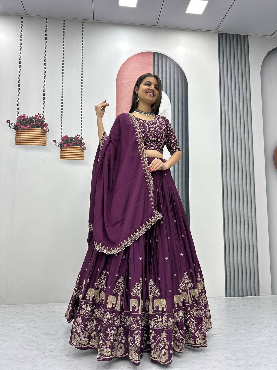 Teeya Creation Wine Color Chinon Silk Embroidery Work Fully Stitched Lehenga Choli | Grocsy
