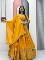 Teeya Creation Yellow Color Chinon Silk Embroidery Work Fully Stitched Lehenga Choli | Grocsy