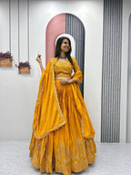 Teeya Creation Yellow Color Chinon Silk Embroidery Work Fully Stitched Lehenga Choli | Grocsy