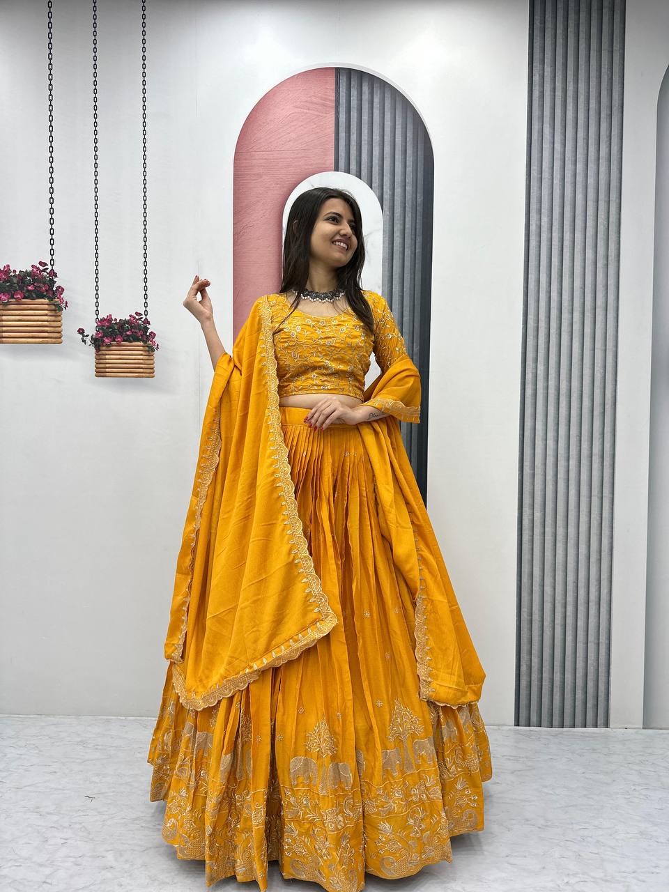 Teeya Creation Yellow Color Chinon Silk Embroidery Work Fully Stitched Lehenga Choli | Grocsy