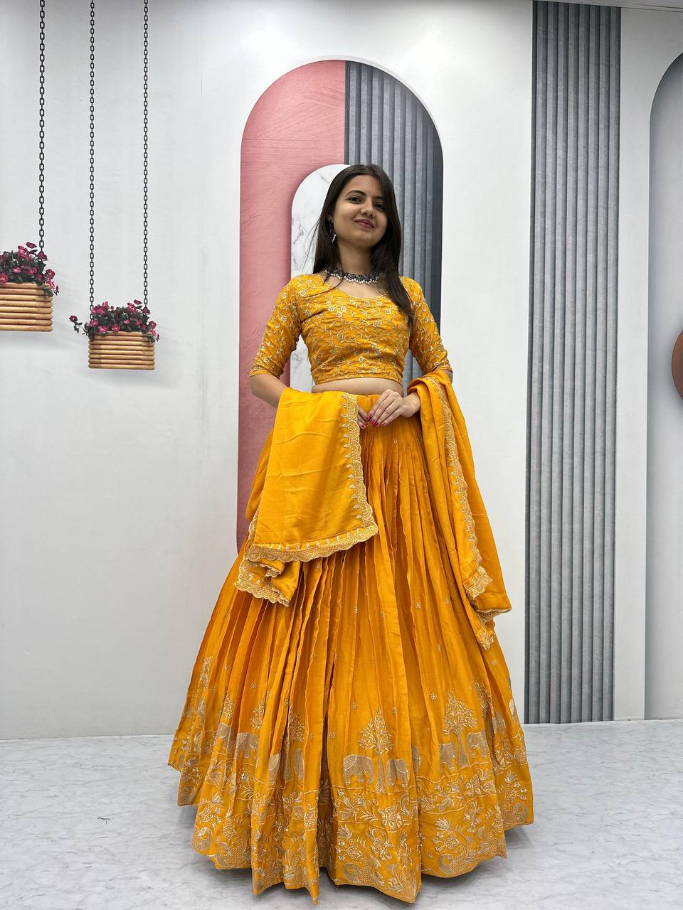 Teeya Creation Yellow Color Chinon Silk Embroidery Work Fully Stitched Lehenga Choli | Grocsy