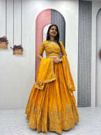 Teeya Creation Yellow Color Chinon Silk Embroidery Work Fully Stitched Lehenga Choli | Grocsy