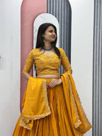Teeya Creation Yellow Color Chinon Silk Embroidery Work Fully Stitched Lehenga Choli | Grocsy