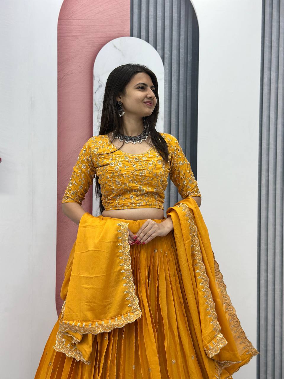 Teeya Creation Yellow Color Chinon Silk Embroidery Work Fully Stitched Lehenga Choli | Grocsy