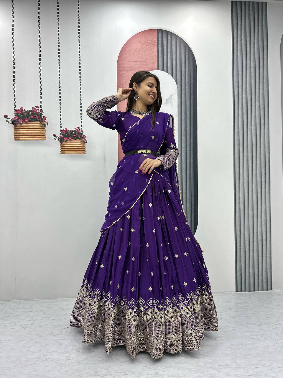 Teeya Creation Purple Color Chinon Silk Embroidery Work Fully Stitched Lehenga Choli | Grocsy