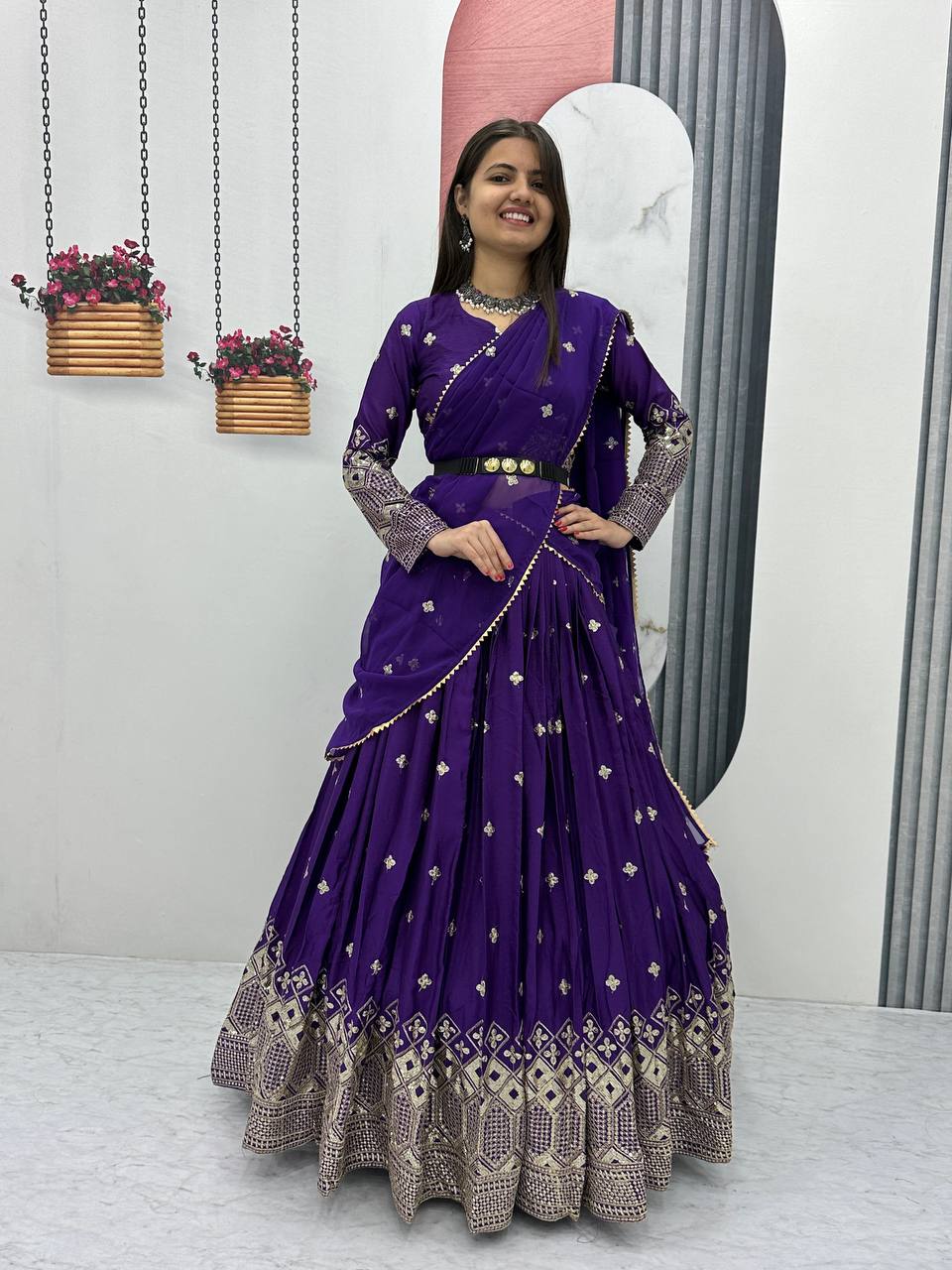 Teeya Creation Purple Color Chinon Silk Embroidery Work Fully Stitched Lehenga Choli | Grocsy