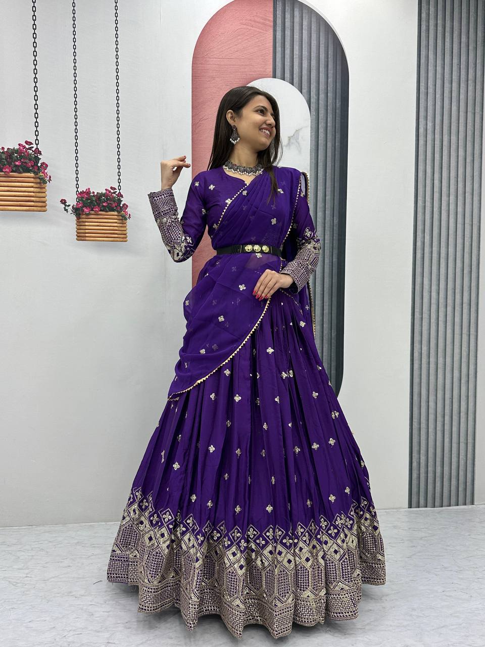 Teeya Creation Purple Color Chinon Silk Embroidery Work Fully Stitched Lehenga Choli | Grocsy