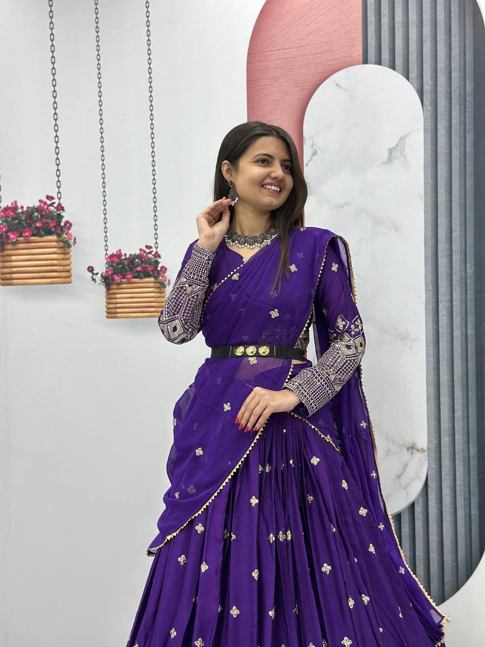 Teeya Creation Purple Color Chinon Silk Embroidery Work Fully Stitched Lehenga Choli | Grocsy
