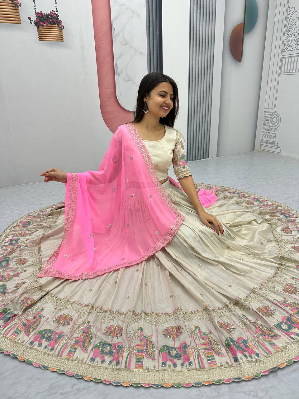 Teeya Creation Cream Color Banarasi Silk Heavy Embroidery Work Fully Stitched Lehenga Choli | Grocsy