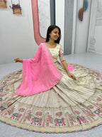 Teeya Creation Cream Color Banarasi Silk Heavy Embroidery Work Fully Stitched Lehenga Choli | Grocsy