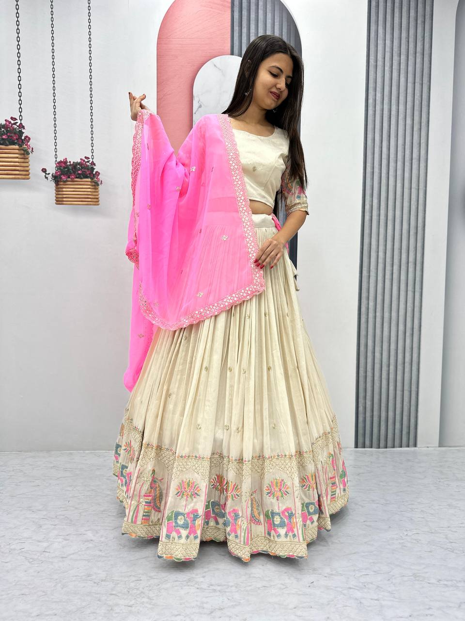 Teeya Creation Cream Color Banarasi Silk Heavy Embroidery Work Fully Stitched Lehenga Choli | Grocsy