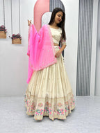Teeya Creation Cream Color Banarasi Silk Heavy Embroidery Work Fully Stitched Lehenga Choli | Grocsy