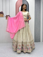 Teeya Creation Cream Color Banarasi Silk Heavy Embroidery Work Fully Stitched Lehenga Choli | Grocsy