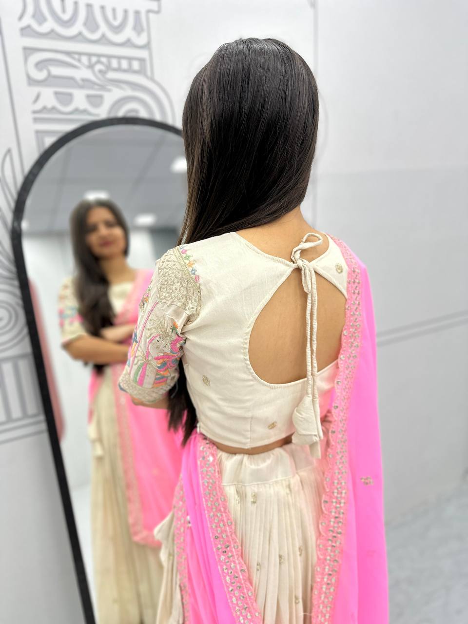 Teeya Creation Cream Color Banarasi Silk Heavy Embroidery Work Fully Stitched Lehenga Choli | Grocsy
