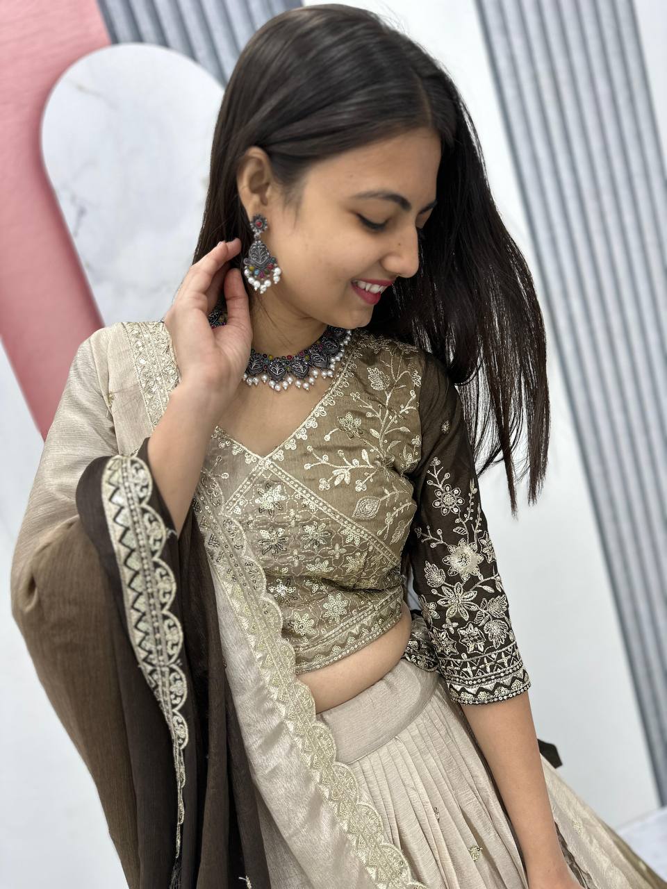 Teeya Creation Multi Color Chinon Silk Heavy Embroidery Work Fully Stitched Lehenga Choli | Grocsy