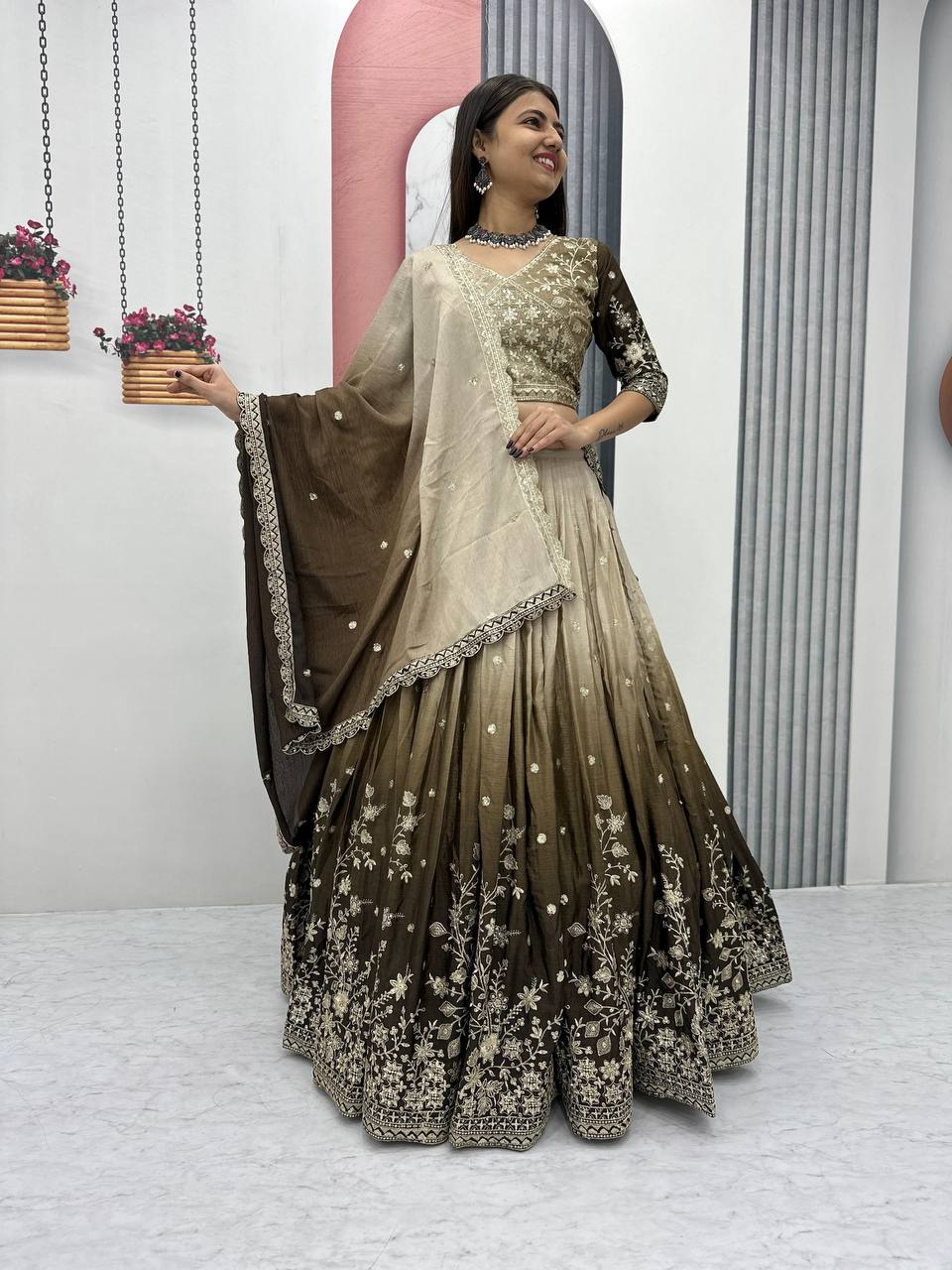 Teeya Creation Multi Color Chinon Silk Heavy Embroidery Work Fully Stitched Lehenga Choli | Grocsy
