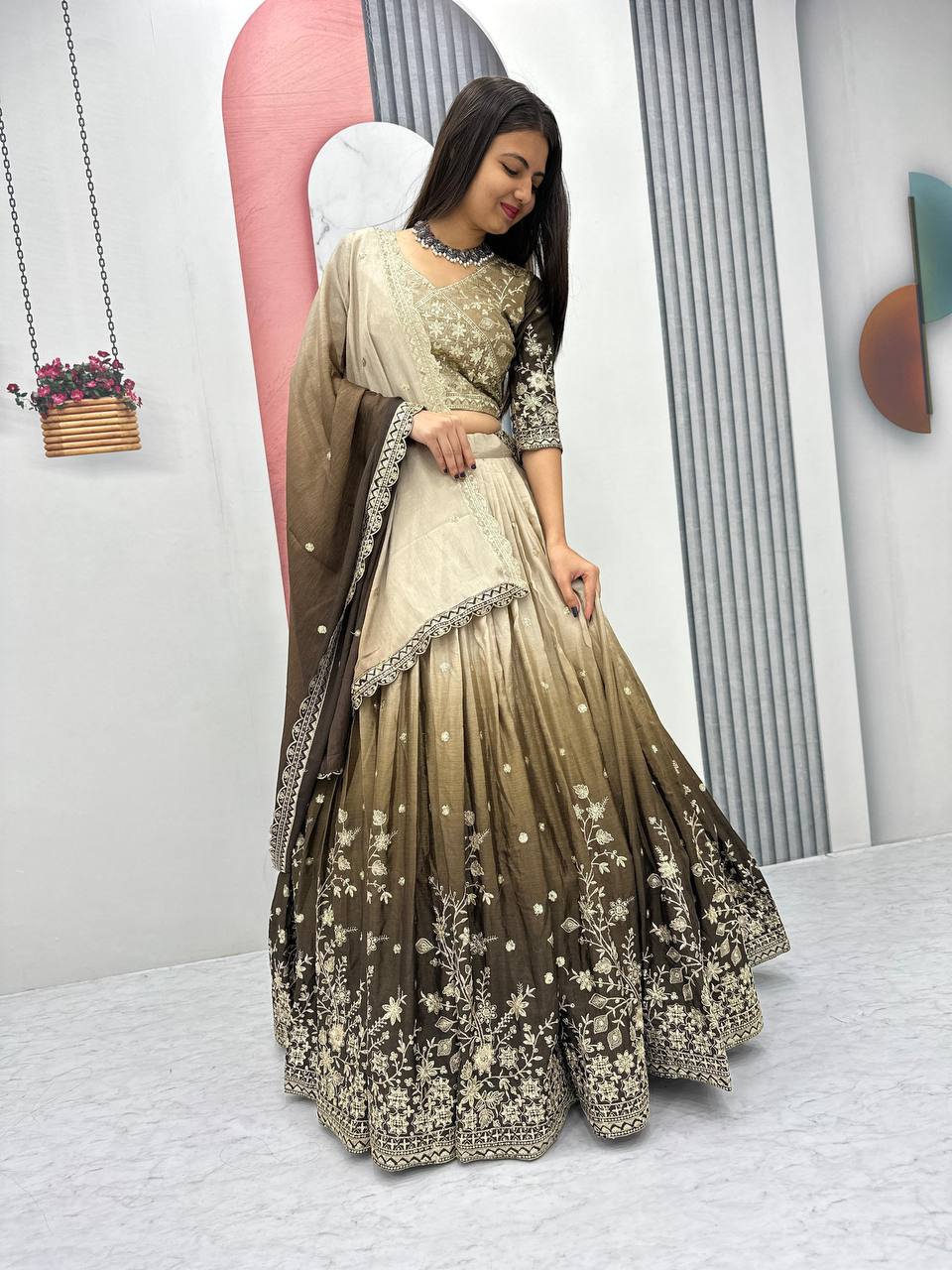 Teeya Creation Multi Color Chinon Silk Heavy Embroidery Work Fully Stitched Lehenga Choli | Grocsy