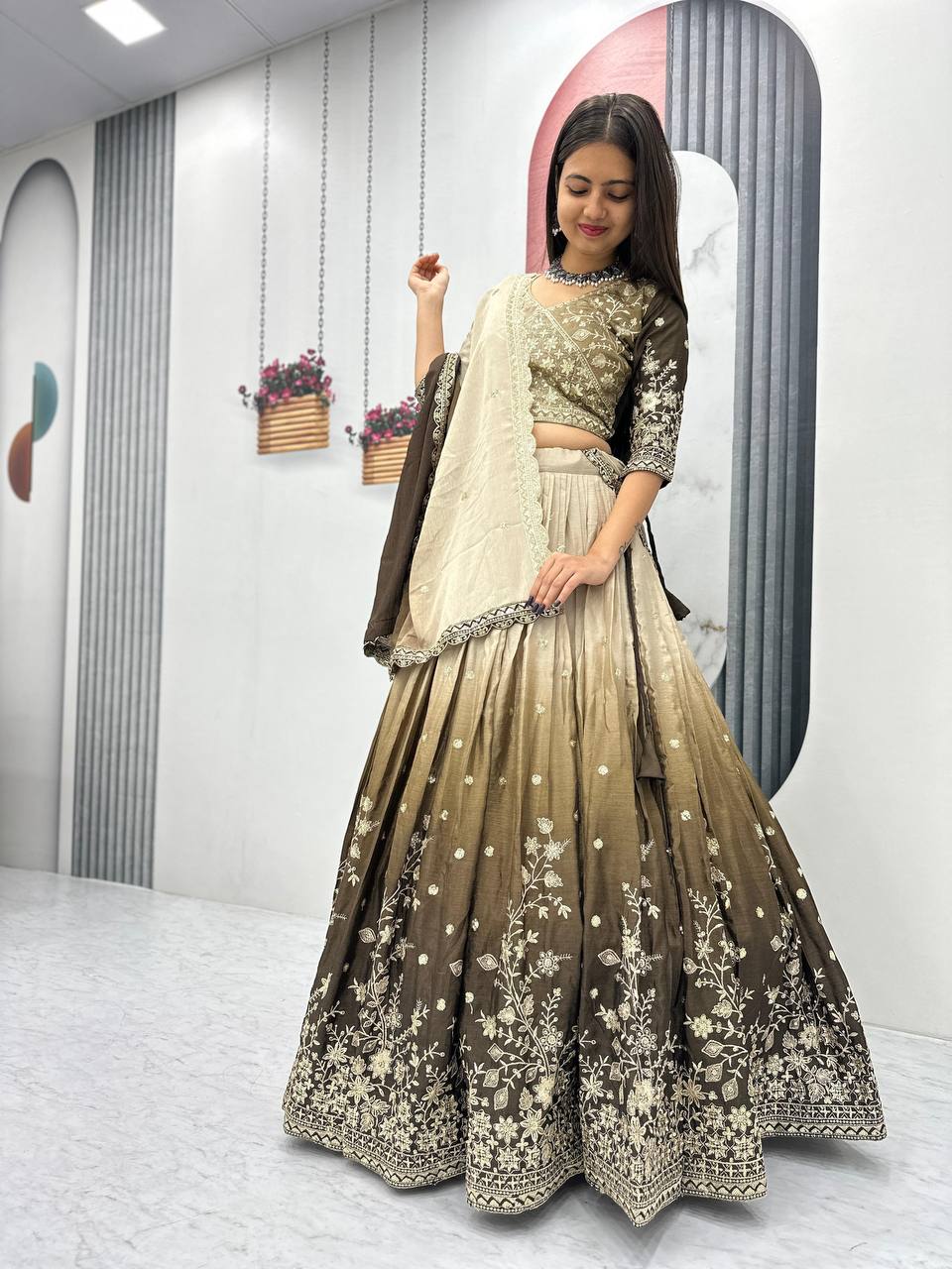 Teeya Creation Multi Color Chinon Silk Heavy Embroidery Work Fully Stitched Lehenga Choli | Grocsy