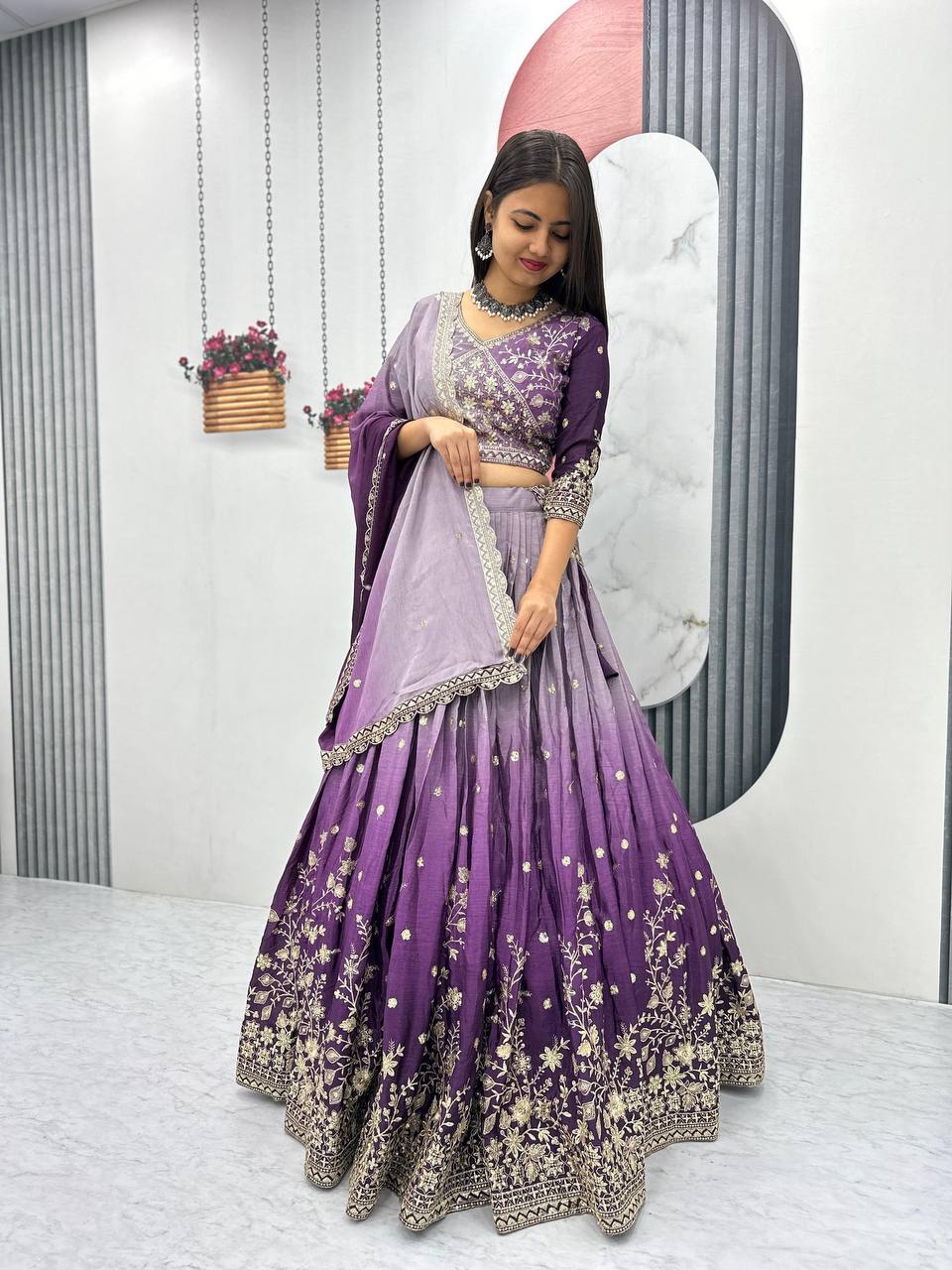 Teeya Creation Multi Color Chinon Silk Heavy Embroidery Work Fully Stitched Lehenga Choli | Grocsy